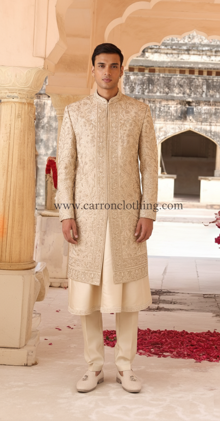 gold colour dress for man Sherwani(ME-MSRW_12598) – Carron Clothing golden shirt for men