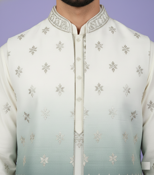 Cream & Sea Green Colour Bundi Set(ME-MBUS_5100B)