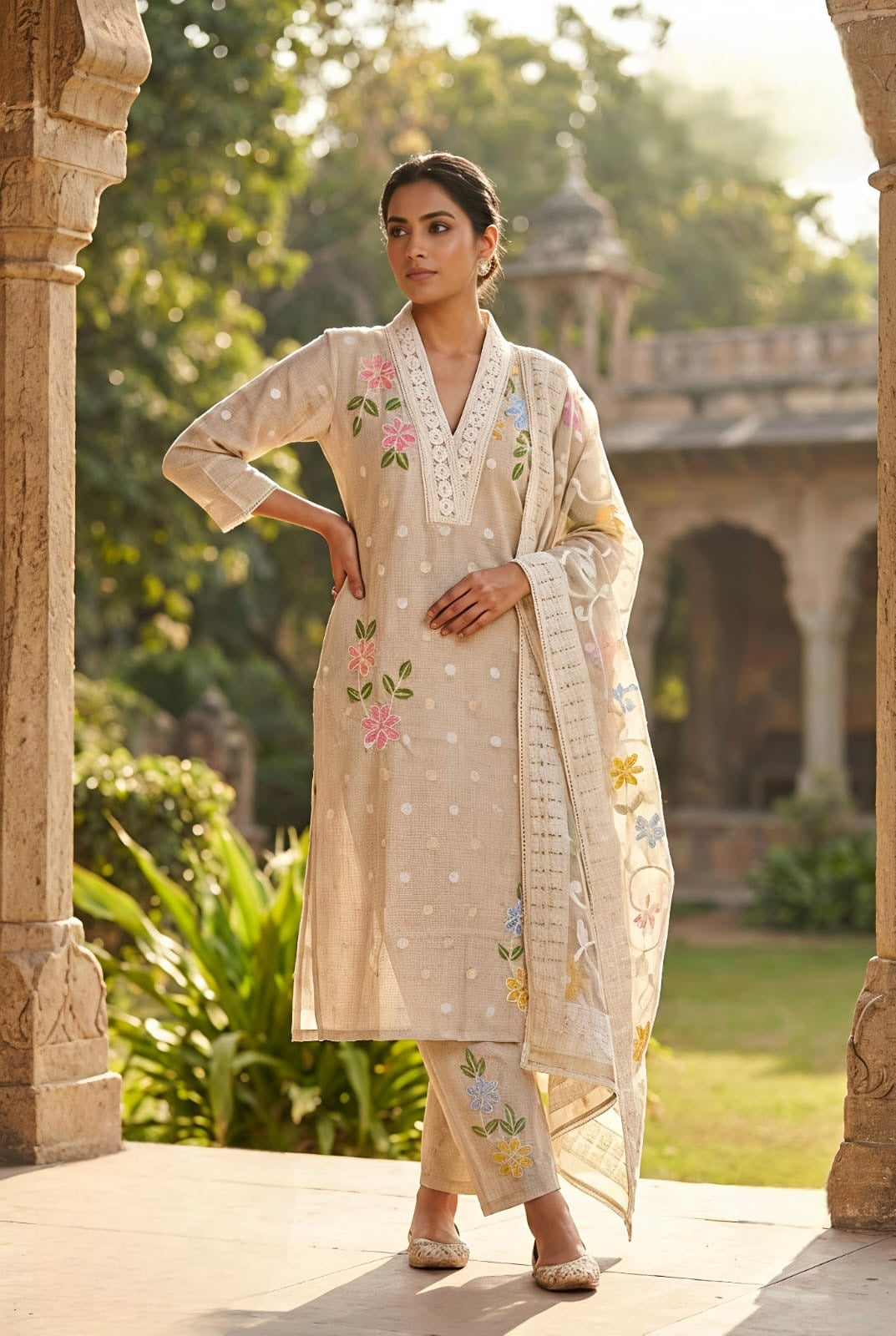 Cream Colour Pant Set(LE-WPNS_1535)