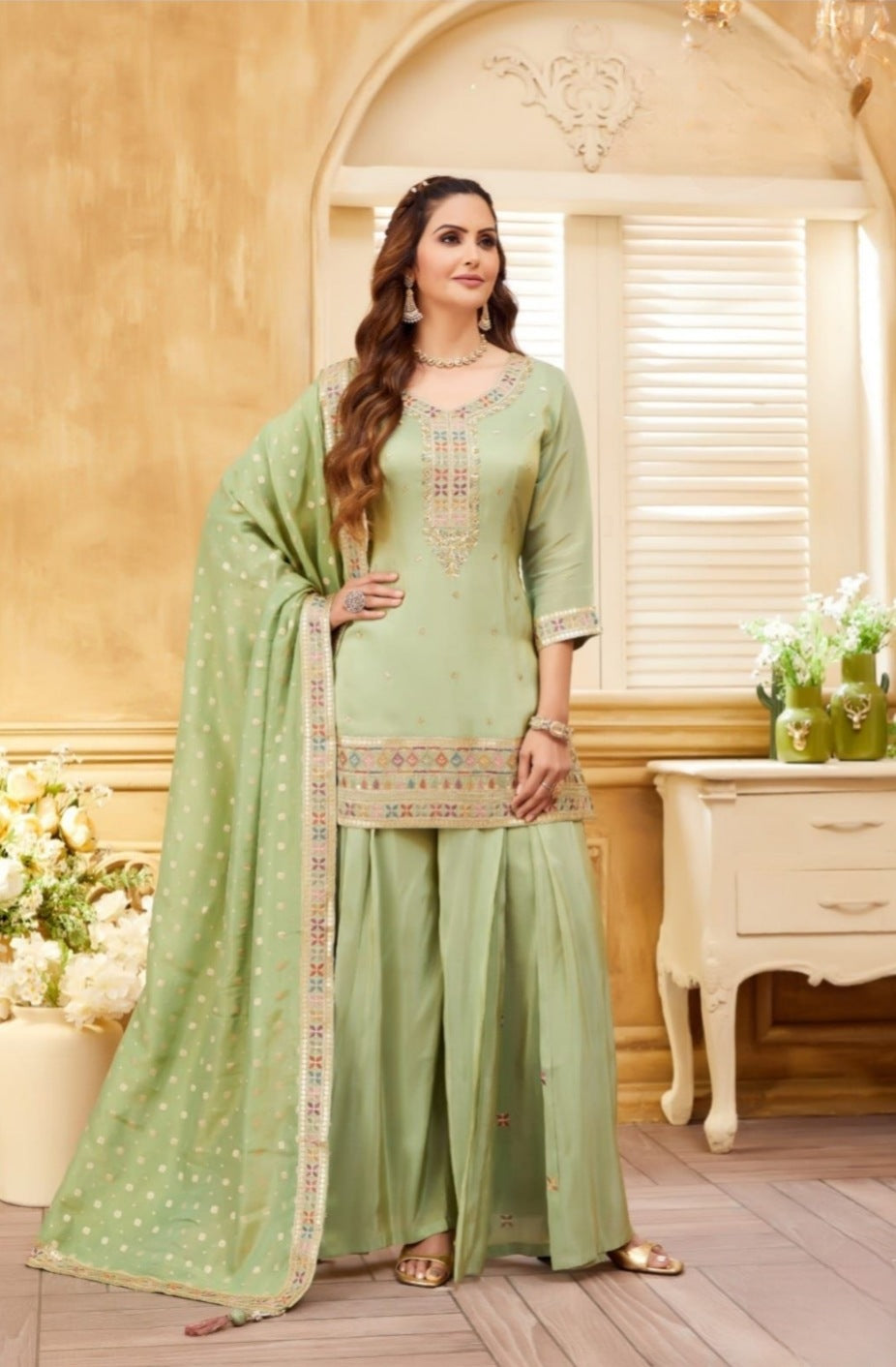 Green Colour Plazo Set(LE-WPZS_9027)