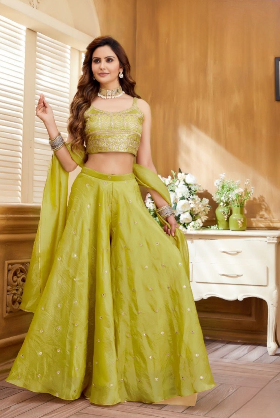 Green Colour Short Choli Plazo Set(LE-WPZS_4006) – Carron Clothing