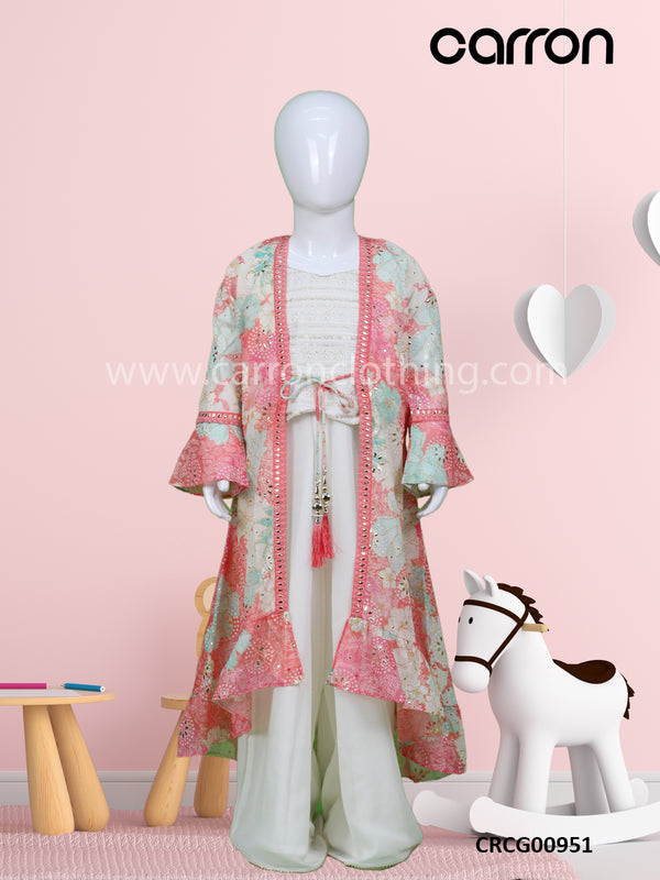 Cream And Multi Colour Short Top Plazo Set With Jacket (GE-GGHS_3619)