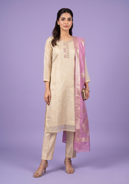 Cream & Pink Colour Kurti Set(LC-WKIS_744)