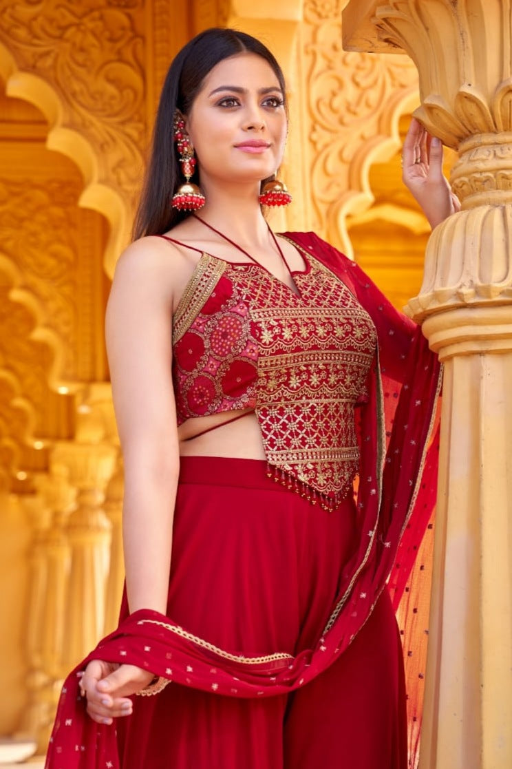 Red Colour Plazo Set(LE-WPZS_3400)