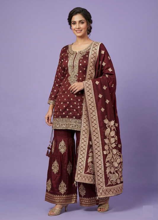 Wine & Rust Colour Gharara Set(LE-WGHA_7782)