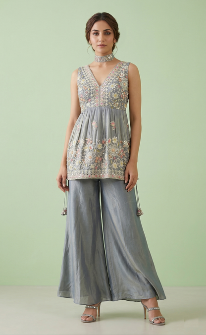 Grey Colour Short Peplum Gharara Plazo Set(LE-WGHA_3137)