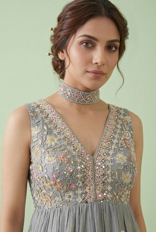 Grey Colour Short Peplum Gharara Plazo Set(LE-WGHA_3137)