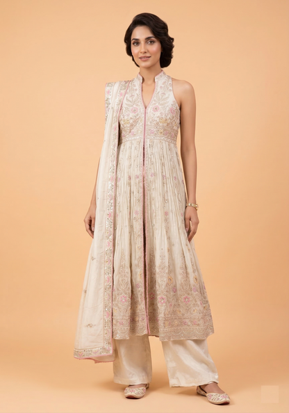 Ivory Colour Centre Cut Anarkali Set(LE-WANK_5075)