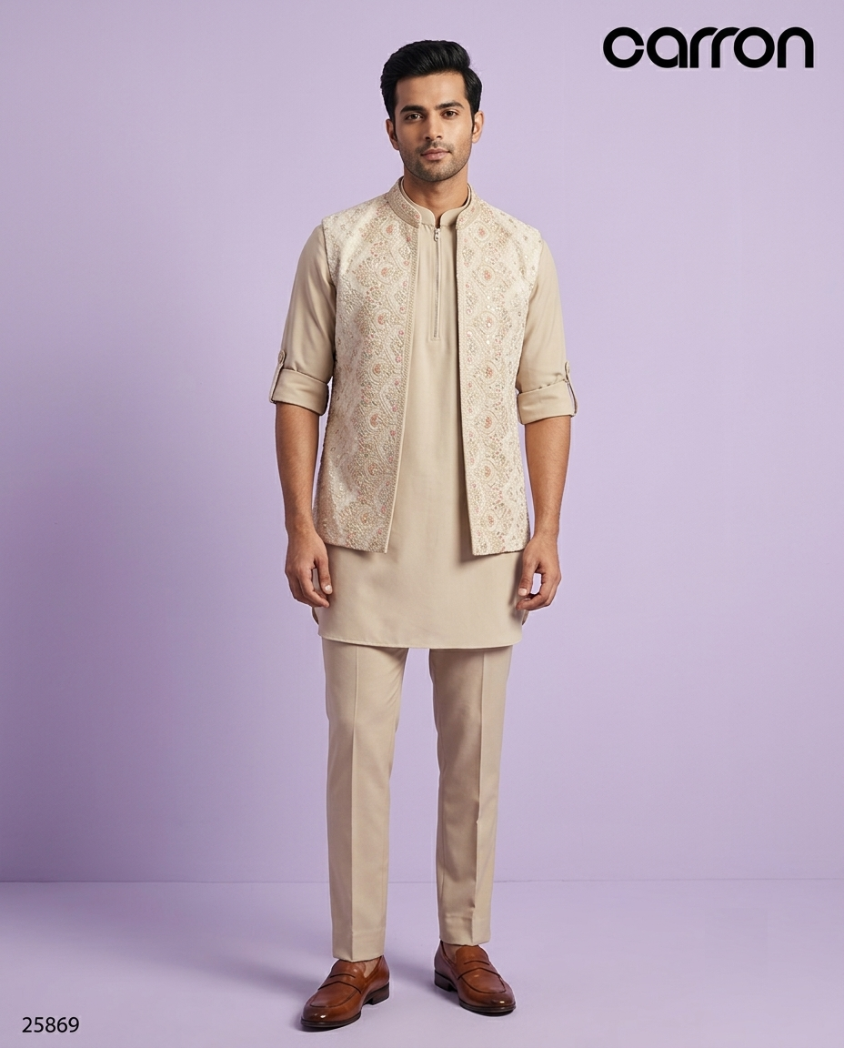 Beige Colour Jacket Kurta Set(ME-MBUS_25869)