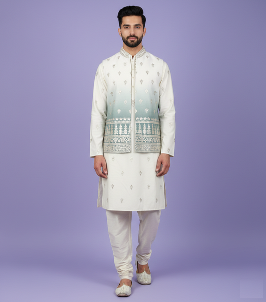 Cream & Sea Green Colour Bundi Set(ME-MBUS_5100B)