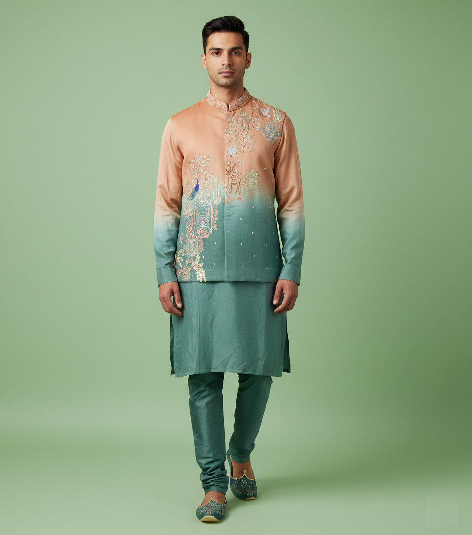 Peach & Sea Green Colour Bundi Set(ME-MBUS_BS 762)