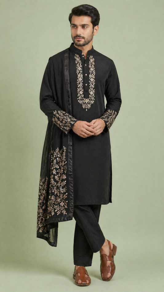 Black Colour Kurta Set with Stole(ME-MKUS_2796)