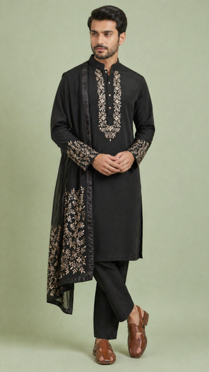 Black Colour Kurta Set with Stole(ME-MKUS_2796)