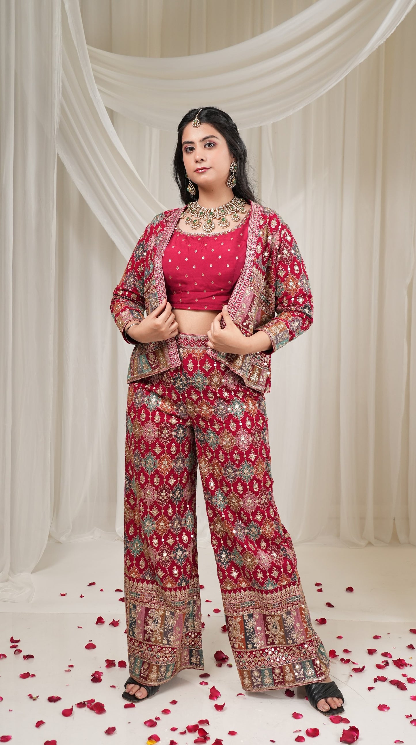 Red Colour Plazo Set(LE-WPZS_2697)